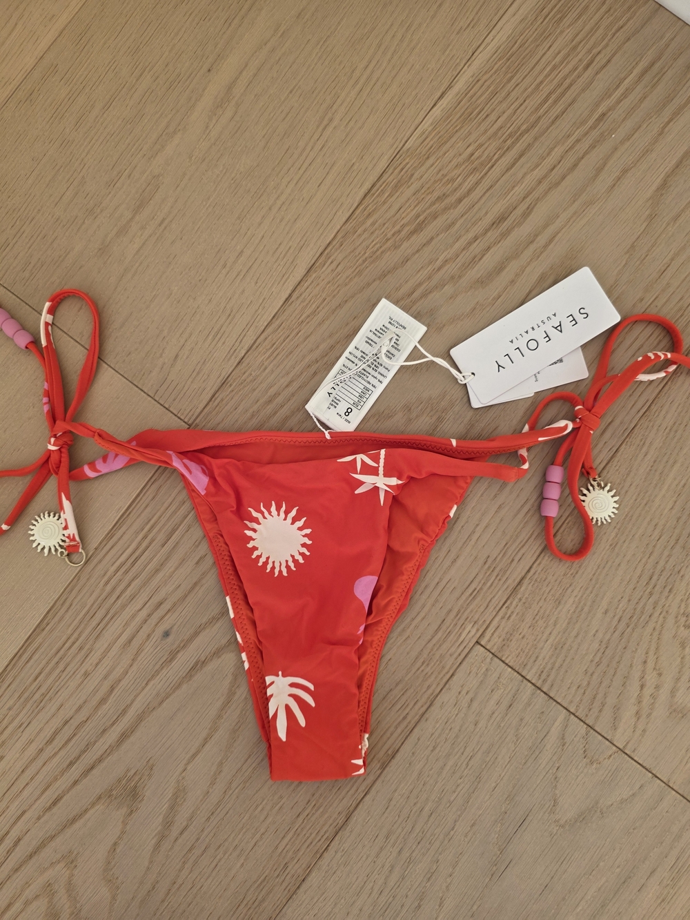 Seafolly Bright Orange Tie-Side Bikini Bottom with Floral Print